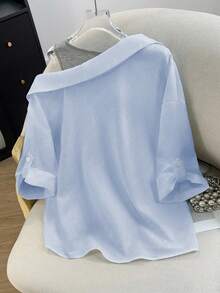 Franclia 女士常规白衬衫，带假吊带，露肩中袖二合一，优雅休闲通勤时尚派对商务百搭 - 藍色 - 查看 2