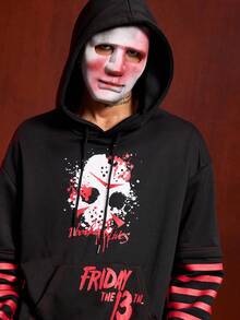 ROMWE MEN Friday the 13th X ROMWE Herren Pullover mit Buchstaben- und Masken-Grafik, Tasche, Kordelzug, 2 in 1 Kapuzenpullover, Herbst - Schwarz - Übersicht 2