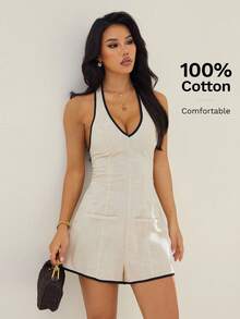 SHEIN PETITE Damski kombinezon w jednolitym kolorze z kontrastowym wykończeniem, głębokim dekoltem w serek, rozszerzanymi nogawkami, biała sukienka letnia, elegancka biała sukienka, biała sukienka halter, sukienka tenisowa, sukienka brunchowa, biała sukienka klubowa, sukienka damska, bawełniana sukienka, sukienka swobodna