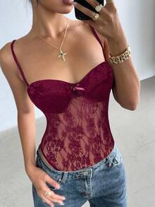 Aloruh 女士纯色蕾丝拼布蝴蝶结装饰吊带背心紧身衣 - 酒紅色 - 查看 3