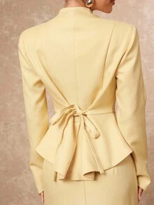 Lumalex Fall Winter Gathering Party Banquet Modest Old Money Coquette Glitter Holiday Party Rave Festival Outing Vacation Hot Outdoor Richly Layered Wedding Season Banquet Coming Of Age Ceremony Women's Solid Color Long Sleeve Single-Breasted Ruffle Hem Jacket And Straight Pencil Skirt Elegant Suit Set Blazer Dress For Women Butter Yellow Dress Skirt Suit Yellow Two Piece Set Luxury Prom Christmas New Year