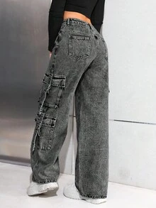 SHEIN 青少年女孩 Y2K 时尚石洗高腰宽松直筒工装牛仔裤，带实用口袋，百搭款式，女孩冬季服装街头服饰 - 灰色 - 查看 2