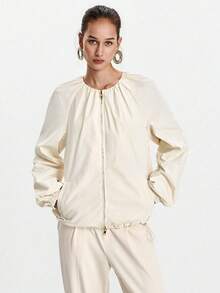 Lumivelle 2025 New Arrival Women's Pleated Loose Drawstring Lightweight Zip-Up Jacket Fall Winter Cloth For Women - Apricot - View 7