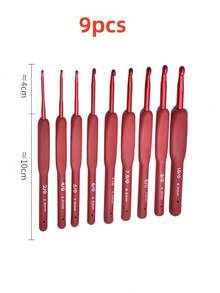 9PCS Red Crochet Hook Set Aluminum Ergonomic Knitting Needles DIY Weaving Tools With Non-Slip Silicone Grip Yarn Craft Supplies For Beginners Professionals