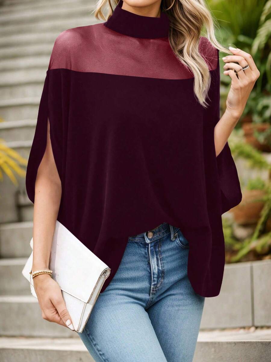 EMERY ROSE Áo cánh rộng hở vai lưới cổ đứng - Màu Đỏ Sâu - Xem 1