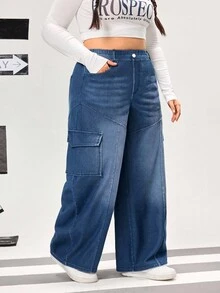Flexra 大码女式高街运动针织牛仔工装口袋阔腿直筒裤 - 深色水洗藍 - 查看 5