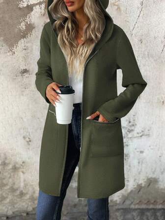 EMERY ROSE Women's Autumn Long Sleeve Hoodie Jacket, Drop Shoulder, Sweatshirt Material, Zipper Decor, Mid-Length, Casual