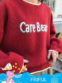 SHEIN X Care Bears FRIFUL 女式宽松字母图案落肩毛衣 - 紅色 - 查看 6