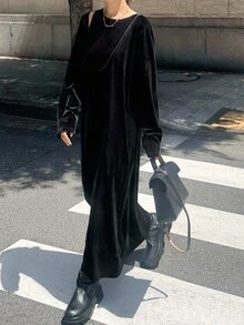 FRIFUL 女士天鹅绒无袖拼接宽松直筒长连衣裙，秋季 - 黑色 - 查看 6