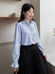 SHEIN Teen Girls Ruffled Collar Lantern Sleeve Casual Versatile Blue Shirt, Elegant Palace Style Blue Shirt Fall Winter - Blue and White - View 6