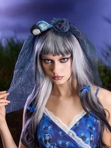 Corpse Bride X SHEIN 1pc Cartoon Figure Graphic 3D Pattern Fashion Headband (With Veil), Wedding, Cos,Goth - Grey - View 4