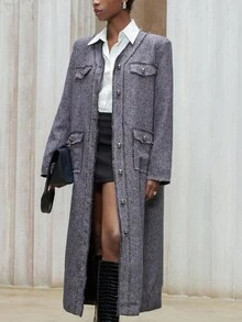 Aveloria Modichic Thick Tweed V-Neck Frayed Trim Metal Button Decor Long Commuter Jacket