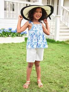 Joliand Joliand 1pc Young Girl Elegant Urban Cute Blue Pineapple Floral Pattern Camisole, Suitable For Party, Travel, Daily, Party, Summer Summer Clothing For Girls Kids Summer Clothes Young Girls Dresses Kids Girls Summer Floral Theme Clothing Summer Clothes For Kids Young Girls Summer Girl Clothes ColorfulJoy