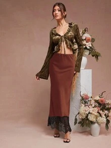 L'Amorae 纯色缎面蕾丝下摆细节低腰中长裙 - 鏽棕色 - 查看 5