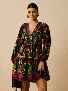 Travachic Đầm ngắn tay phồng cổ chữ V in họa tiết màu xanh navy cỡ lớn, thắt eo khoét lưng khoét nơ, phù hợp cho kỳ nghỉ, tiệc tùng, đi chơi - Màu xanh hải quân - Xem 5