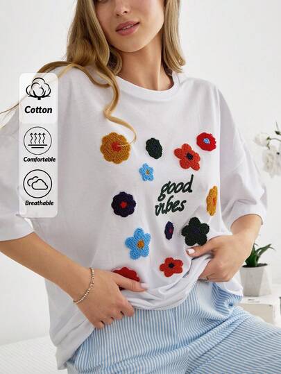 SHEIN Tall Women's Casual Vacation Style Embroidered Floral & Letter Graphic Dropped Shoulder Loose White T-Shirt, Summer