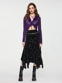 ROMWE Hippie Cárdigan de punto bordado con sol y luna, estilo vintage de bruja de noche misteriosa, con parches de piel de lujo para mujer - Morado - Ver 5