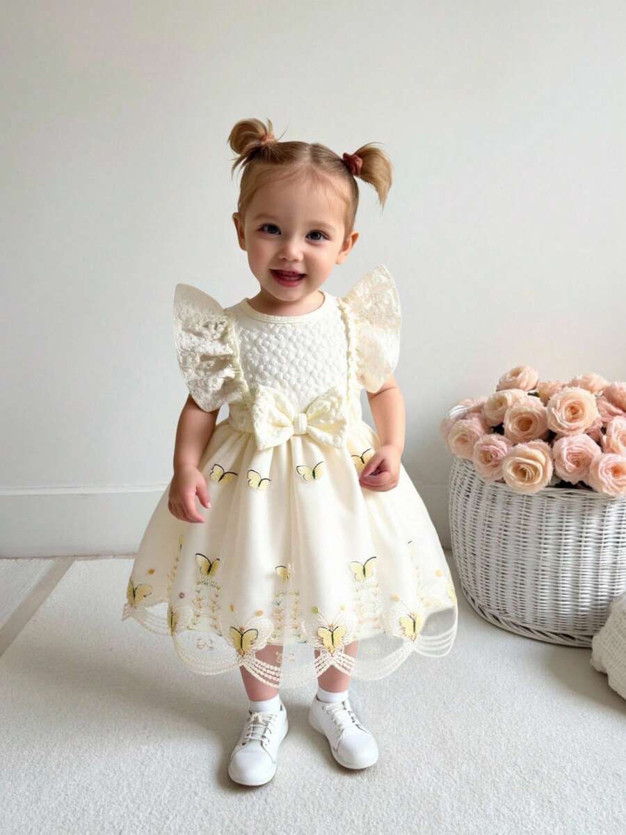 SHEIN Vestido elegante de niña bebé con decoración de mariposa y volantes de tul de contraste - Albaricoque - Ver 1