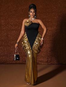 Maweii 大码女式金属面料拼色设计派对/生日连衣裙 - 彩色 - 查看 4