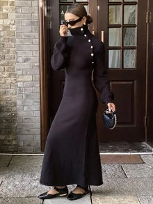 DAZY Damen Lässig einfarbiges Strickkleid, Herbst/Winter - Schwarz - Übersicht 4