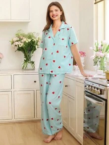 SHEIN 条纹心形印花翻领短袖女士睡衣套装女士睡衣套装心形睡衣套装夏季睡衣套装女士睡衣套装舒适优雅细节 - 薄荷藍 - 查看 5