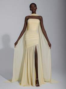 Elitara Elegant Cream Yellow Simple & Chic Chiffon Halter Neck (Detachable Sequins) Bust Ruched Hem Mesh Sheer Fishtail Dress, Suitable For Dates, Vacation, Weddings, Bridesmaid Events