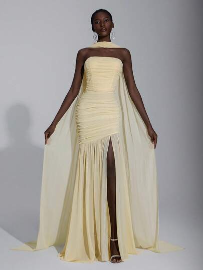 Elitara Elegant Cream Yellow Simple & Chic Chiffon Halter Neck (Detachable Sequins) Bust Ruched Hem Mesh Sheer Fishtail Dress, Suitable For Dates, Vacation, Weddings, Bridesmaid Events