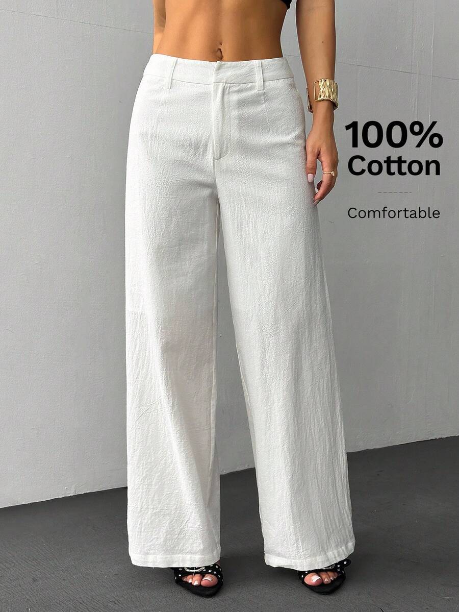 SHEIN PETITE 100%纯棉透气舒适女阔腿西装裤休闲风白色阔腿裤女白色亚麻裤女夏季女裤白色裤子白色裤子阔腿女夏季裤子女白色正装裤 - 白色 - 查看 1