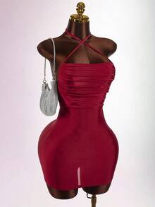 Amplova Y2K Amplova Women's Sexy Minimalist Solid Color Backless Ruched Bodycon Halter Neck Dress, Summer Slay Diva Dress Red Club Outfit Bodycon Dress Night Club Dress,Dresses For Women Party
