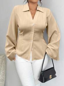 Elenzga 大码女式纯色长袖单排扣休闲/工作衬衫 - 卡其色 - 查看 1