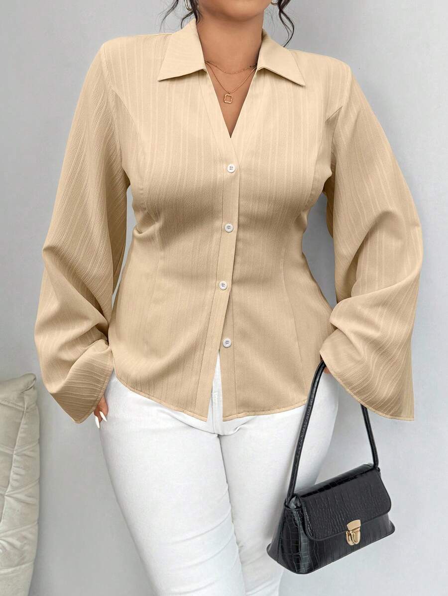 Elenzga 大码女式纯色长袖单排扣休闲/工作衬衫 - 卡其色 - 查看 1
