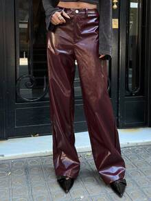 Aloruh Damen Herbst/Winter Neue Ankla Mode Straßen Lässig Pendler Sexy glänzende PU plissierte Textur hohe Taille Reißverschluss gerade geschnittene Maxi Hose - Bordeaux - Übersicht 6