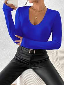 INAWLY Áo thun dài tay bó sát màu trơn đa năng giản dị, mùa thu - Màu xanh lam - Xem 4