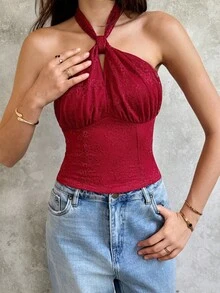 SHEIN Unity 女士蕾丝性感露背交叉绑带上衣，秋季款 - 酒紅色 - 查看 6
