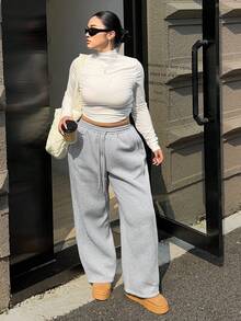 Dazy Plus Elastic Waist Loose Casual Thermal Lined Thick Long Pants For Plus Size Women, Autumn/Winter