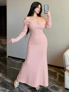 DAZY 秋冬束腰紧身鸡尾酒会礼服，性感露肩花卉装饰派对礼服，时尚婚礼、宴会、舞会晚礼服毛衣裙 - 粉色 - 查看 7