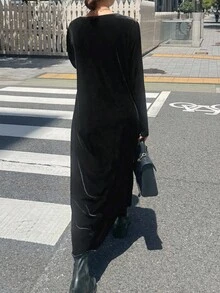 FRIFUL 女士天鹅绒无袖拼接宽松直筒长连衣裙，秋季 - 黑色 - 查看 4