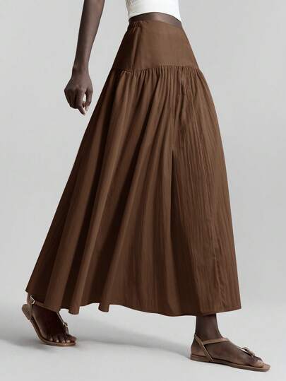 Ontre 2025 New Autumn/Winter Women's High Waist Pleated Skirt, Soft & Comfortable Fabric, Loose Fit, Suitable For Commuting, Office, Daily Wear, Women's Solid Color Elastic Waist Pleated Long Casual Skirt, Business Casual, Coffee, Brown, Pleated, Holiday, Halloween, Christmas, Vacation, Women's Autumn/Winter Outfit, Woven Fabric, Solid Color Skirt,Fall,Brown Skirt