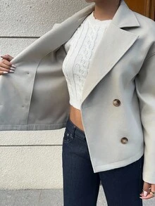 Sunnyshic Apricot Double-Sided Notched Collar, Double-Breasted Button, Pocket Long Sleeve Short Coat, Fashionable For Commuting, Office, Casual, Elegant Retro Style, Suitable For Autumn/Winter