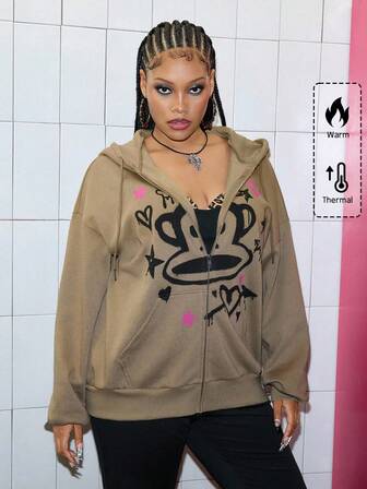 Paul Frank X ROMWE Felpa con cappuccio e chiusura lampo con stampa di scimmia in stile Y2K