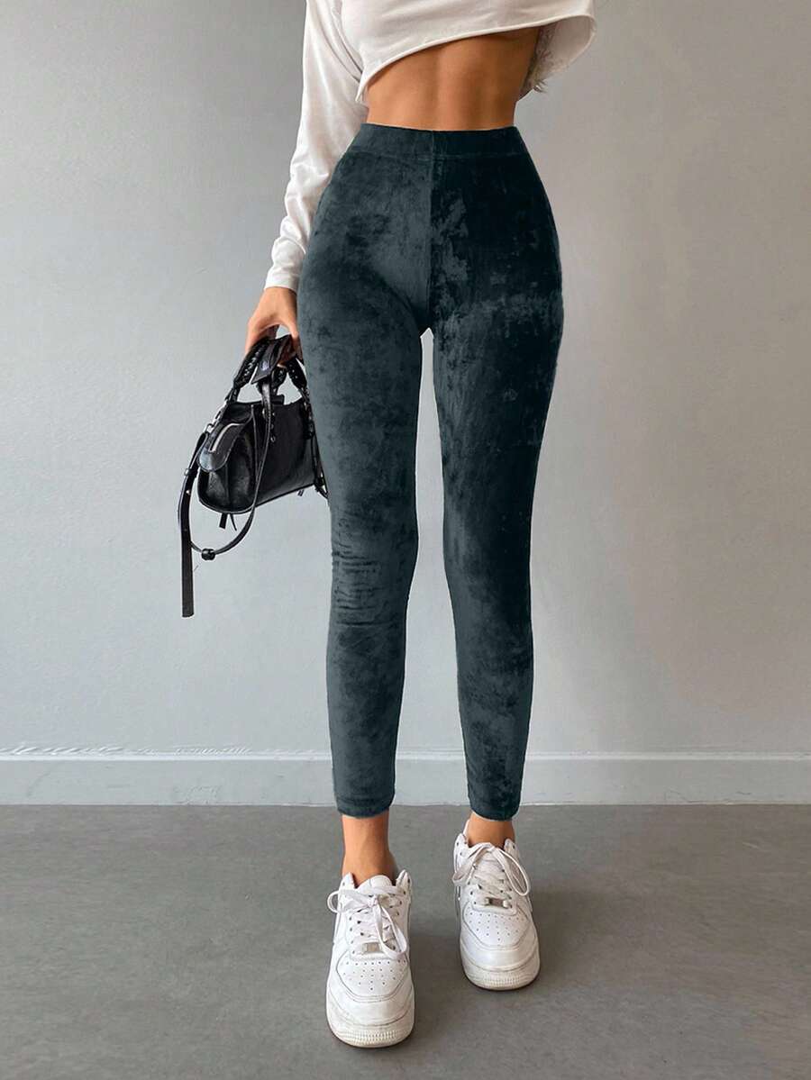 EURMUSE Solid Elastic Waist Leggings - Green - View 1