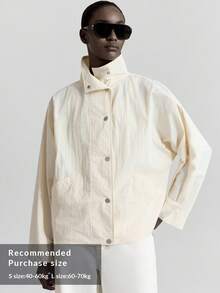 Ontre 都市时尚风格女式夹克，白色，立领，长袖，轻薄面料，初秋装，户外装，休闲装，宽松版型，真口袋，日常穿着 - 白色 - 查看 2