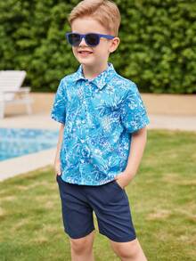 Joliand Joliand 1pc Young Boys Elegant City Vacation Casual Blue Pineapple Floral Print Short Sleeve Shirt, Suitable For Leisure, Daily Wear, Travel, Home, Beach, Summer Young Boys Suit Set Young Boys 3 7yrs Beach - Multicolor - View 5