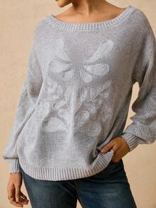 Travachic 大码休闲宽松露肩麻花针织毛衣，秋季保暖 - 淺灰色 - 查看 6