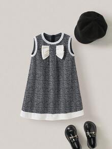 PrepCrw 1 pièce Robe décontractée élégante de style scolaire pour jeunes filles, style urbain, avec décorations de franges et nœuds blancs et noirs, sans manches. Convient pour les sorties, les rassemblements, la rentrée scolaire, l'automne/hiver - Noir et Blanc - Voir 2