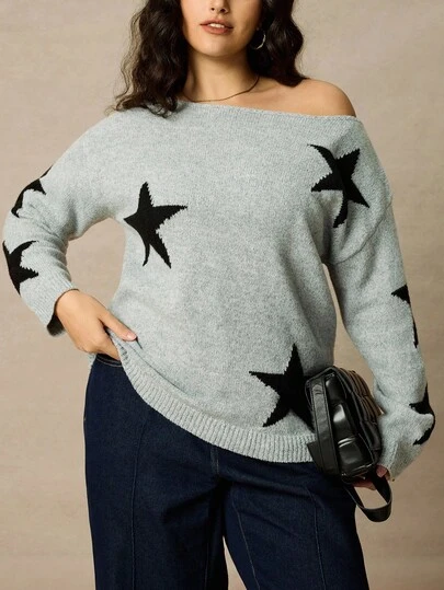 Juhart Suéter holgado con estampado de estrellas gris, casual y de moda