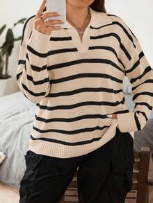 Vionelle Suéter de punto con cuello y estampado de rayas francés de manga larga para tallas grandes - Caqui - Ver 3