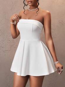 Slaydiva 全新优雅日期抹胸袖口设计摆伞裙白色针织迷你裙女式迷你连衣裙-D