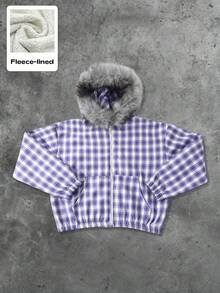 ROMWE MEN Street Life Men's Street American Plaid Fleece Collar Jacket, Fall Winter - Purple - View 3