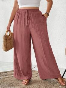 SHEIN CURVE+ Damen Große Größen Sommer Lässig Beach Outfits, Mode Business Pendler Elegante Weite Hosen mit Taschen, Lotus Rosa, Sommerhosen Sommer/Land/Strandurlaub Outfits/Strandoutfits/Strandmode